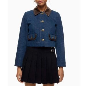 SANDRO Denim Jacket Leather Collar Cropped Button Front Blue Sz 38 FR / 6 US